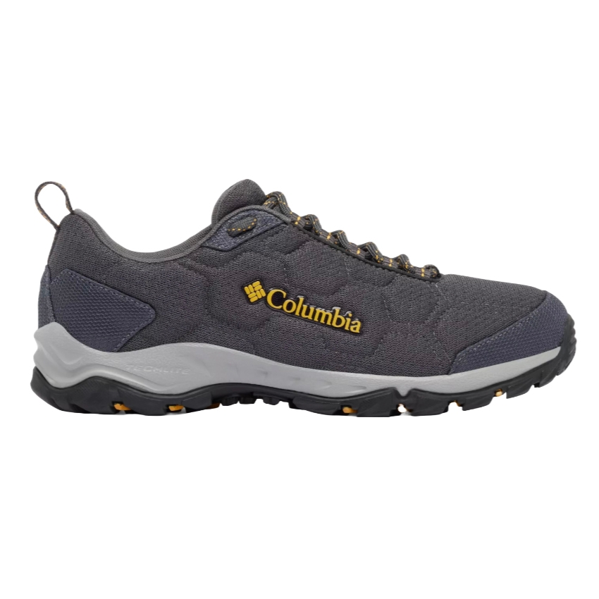 Columbia hiking shoe in dark gray with a textured fabric, featuring a yellow logo, sturdy sole with orange accents, and heel loop for easy handling.