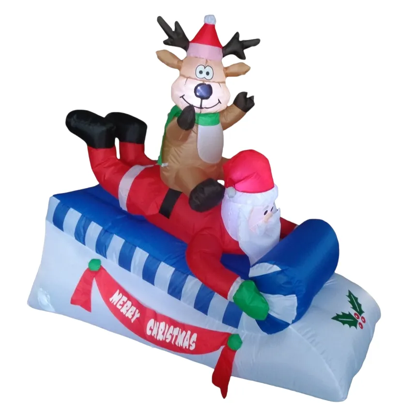 Inflatable decoration featuring Santa Claus and a reindeer on a sled, with a \“Merry Christmas\“ banner.