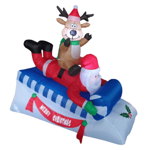 Inflatable decoration featuring Santa Claus and a reindeer on a sled, with a \“Merry Christmas\“ banner.