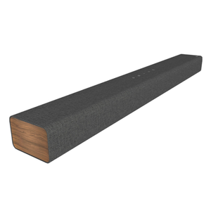 A sleek soundbar with a dark fabric cover and wood accents on the sides, designed for audio enhancement in home theater setups.