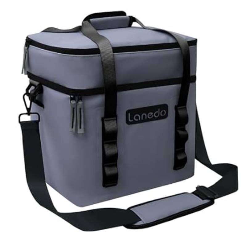 A soft-sided cooler bag with a rectangular shape, featuring a broad shoulder strap, sturdy handles, dual zippers, and \“Lanedo\“ branding.