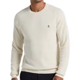 A cream-colored, textured sweater with long sleeves and a small penguin logo on the chest, worn by a male model.