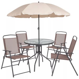A patio set featuring a round glass table, four brown mesh chairs, and a large beige umbrella. Ideal for outdoor dining and relaxation.
