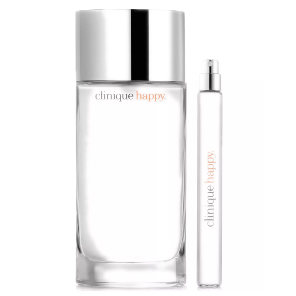 Clinique Happy fragrance set featuring a large bottle and a travel-sized spray, both with sleek, minimalist designs and silver caps.
