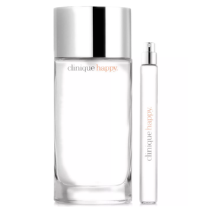 Clinique Happy fragrance set featuring a large bottle and a travel-sized spray, both with sleek, minimalist designs and silver caps.