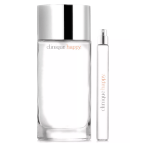 Clinique Happy fragrance set featuring a large bottle and a travel-sized spray, both with sleek, minimalist designs and silver caps.