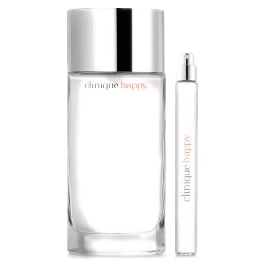 Clinique Happy fragrance set featuring a large bottle and a travel-sized spray, both with sleek, minimalist designs and silver caps.