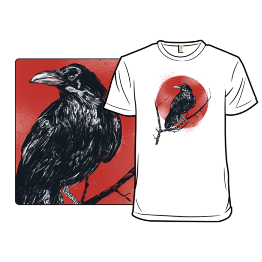 White T-shirt with a black crow design, perched on a branch against a red circular background.
