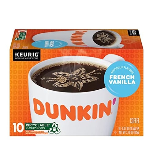 Dunkin' French Vanilla coffee, 10 recyclable Keurig K-Cup pods, artificially flavored.