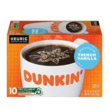 Dunkin' French Vanilla coffee, 10 recyclable Keurig K-Cup pods, artificially flavored.