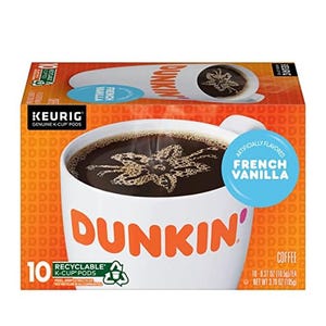 Dunkin' French Vanilla coffee, 10 recyclable Keurig K-Cup pods, artificially flavored.