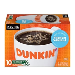 Dunkin' French Vanilla coffee, 10 recyclable Keurig K-Cup pods, artificially flavored.