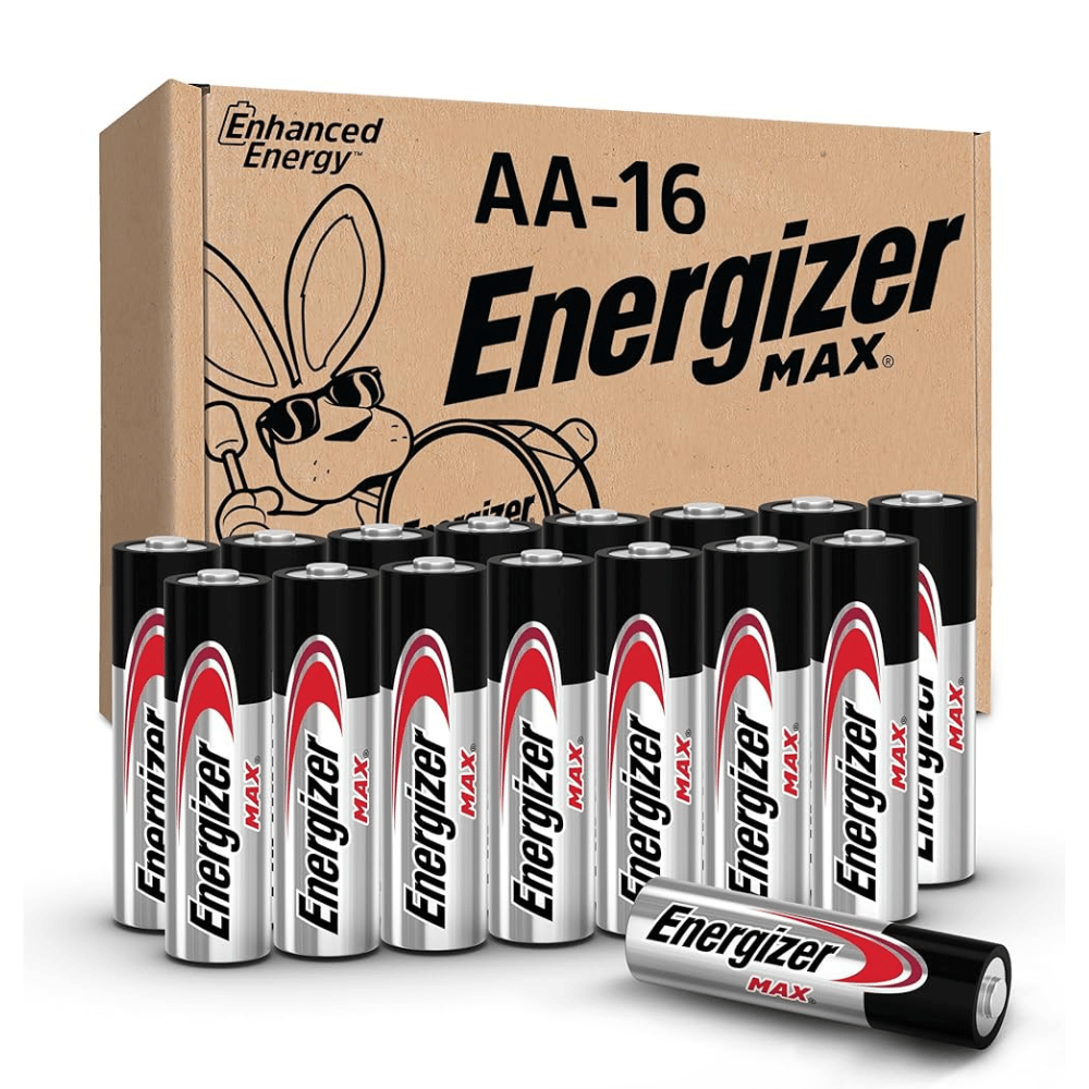 Energizer Max AA batteries, 16-pack, featuring the Energizer mascot on the packaging, provide enhanced energy.