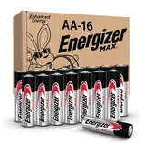 Energizer Max AA batteries, 16-pack, featuring the Energizer mascot on the packaging, provide enhanced energy.