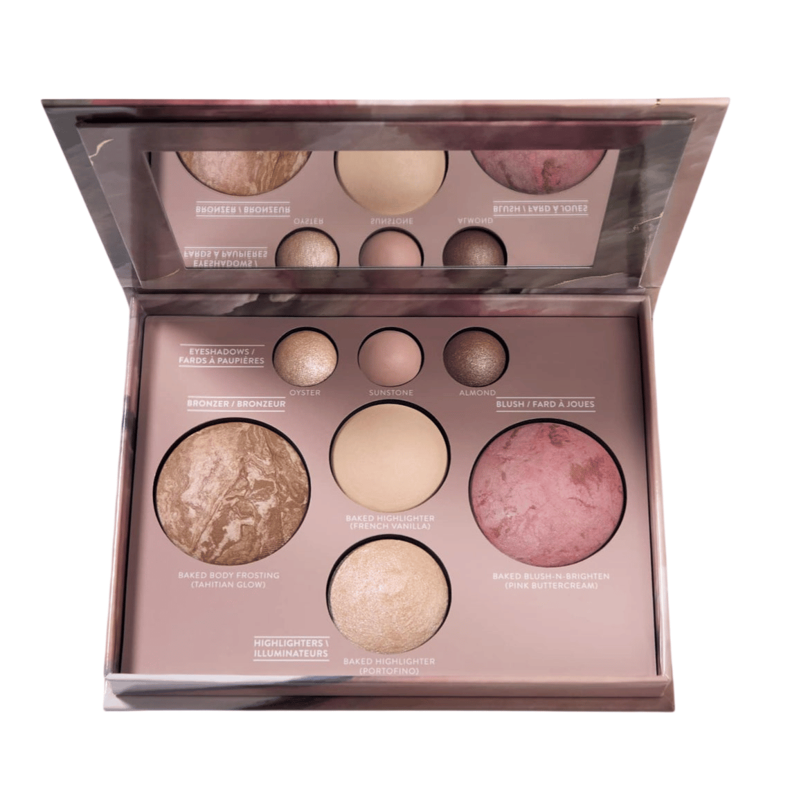 Makeup palette with bronzer, blush, highlighters in \“Tahitian Glow,\“ \“French Vanilla,\“ \“Golden,\“ and \“Pink Buttercream,\“ plus eyeshadows in \“Oyster,\“ \“Sunstone,\“ and \“Almond.\“