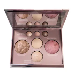 Makeup palette with bronzer, blush, highlighters in \“Tahitian Glow,\“ \“French Vanilla,\“ \“Golden,\“ and \“Pink Buttercream,\“ plus eyeshadows in \“Oyster,\“ \“Sunstone,\“ and \“Almond.\“