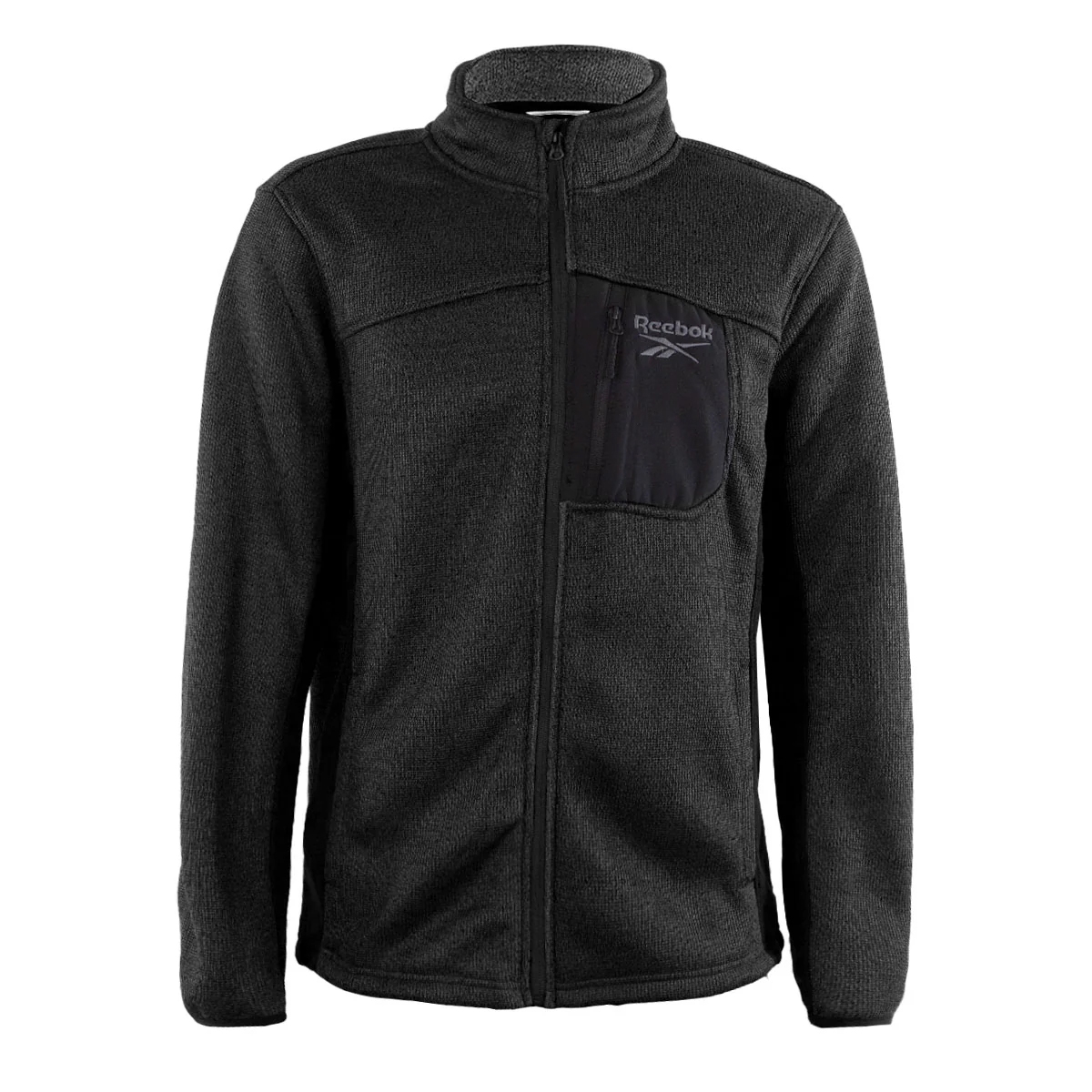 A black Reebok fleece jacket with a high collar and front zipper, featuring a zippered chest pocket on the left side.