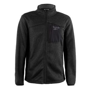 A black Reebok fleece jacket with a high collar and front zipper, featuring a zippered chest pocket on the left side.