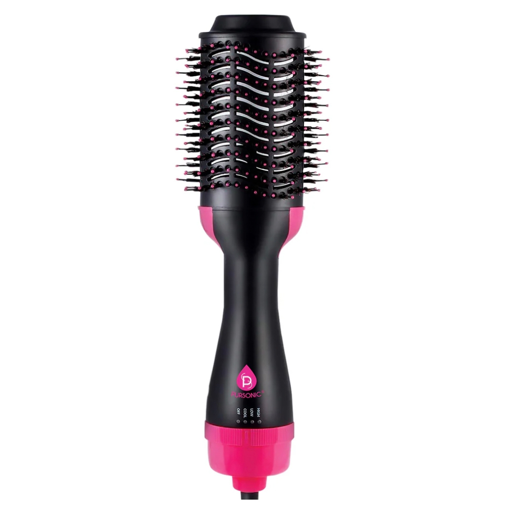 The Pursonic Hair Dryer & Volumizer Brush is a black and pink tool combining a hair dryer and styling brush, featuring bristles with pink tips and controls for different heat settings.