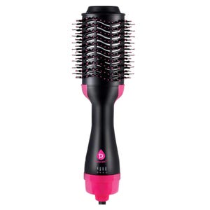 The Pursonic Hair Dryer & Volumizer Brush is a black and pink tool combining a hair dryer and styling brush, featuring bristles with pink tips and controls for different heat settings.