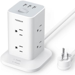 A vertical power strip tower featuring multiple AC outlets on its sides and three USB ports on top, designed for charging multiple devices simultaneously. It includes indicators for grounding and surge protection and has a power cord with a three-prong plug.