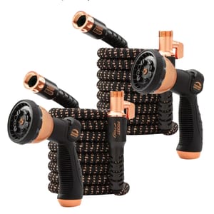 2-pack of 75-foot expandable hoses with attached sprayer nozzles, featuring a black and copper color scheme. Each hose has matching fittings and grip handles.