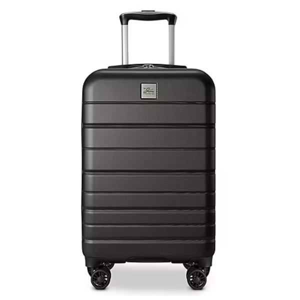 Hard-shell black suitcase with multi-directional wheels and extendable handle.