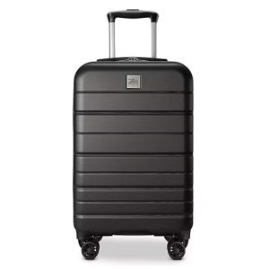 Hard-shell black suitcase with multi-directional wheels and extendable handle.