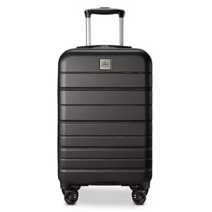 Hard-shell black suitcase with multi-directional wheels and extendable handle.