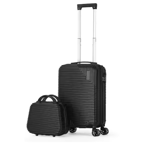 A black luggage set featuring a hard-shell carry-on suitcase with a telescopic handle and four spinner wheels, paired with a matching smaller handbag.