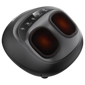 A foot massager with twin foot chambers featuring control buttons on top, designed for relaxation and therapy.