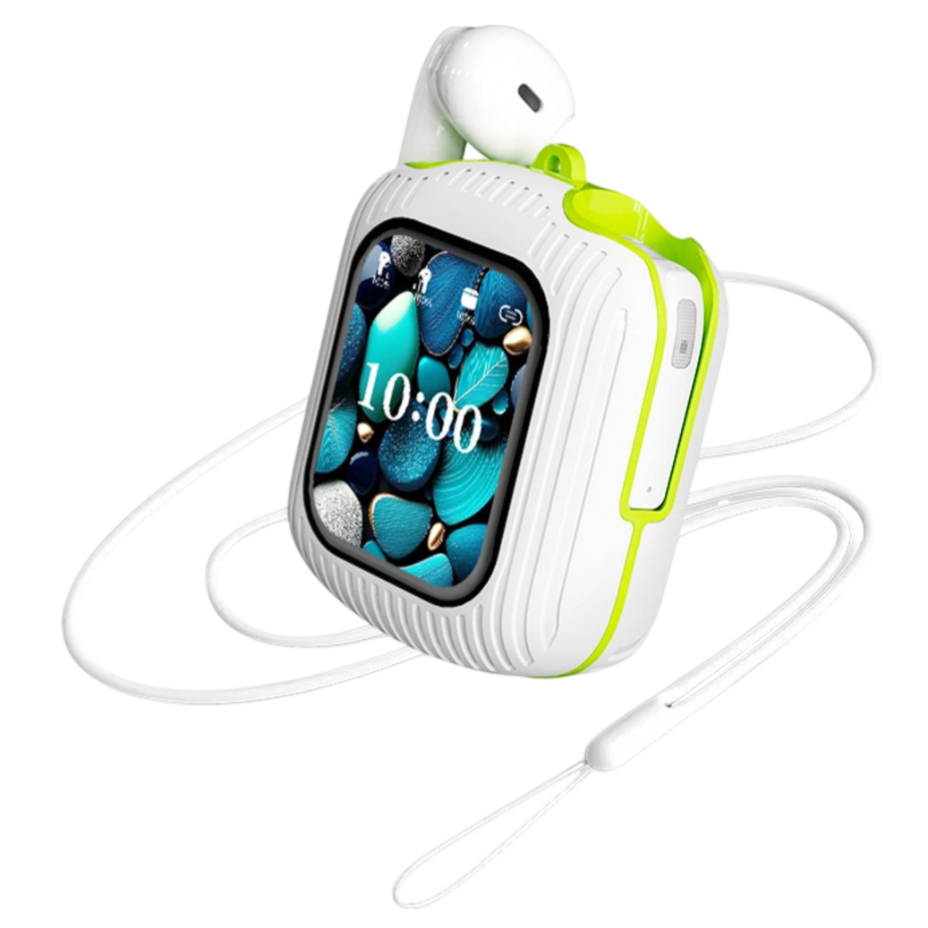 A compact device with a digital screen displaying 10:00, featuring two white earbuds slotted on top, a sleek case with lime accents, and a white lanyard attached.