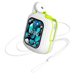 A compact device with a digital screen displaying 10:00, featuring two white earbuds slotted on top, a sleek case with lime accents, and a white lanyard attached.