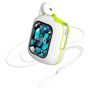 A compact device with a digital screen displaying 10:00, featuring two white earbuds slotted on top, a sleek case with lime accents, and a white lanyard attached.