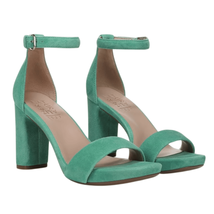 A pair of green suede high-heeled sandals featuring ankle straps and a thick heel design.