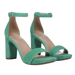 A pair of green suede high-heeled sandals featuring ankle straps and a thick heel design.