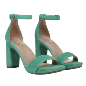 A pair of green suede high-heeled sandals featuring ankle straps and a thick heel design.