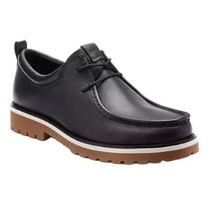 Black leather loafers with a round toe, lace-up front, and contrasting brown and white sole with a rugged tread pattern.