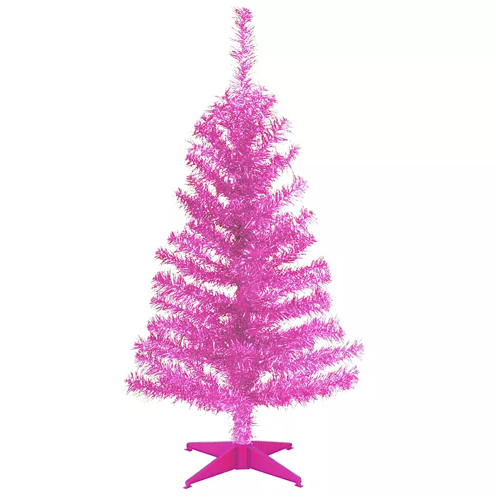 A 3-foot tall pink tinsel Christmas tree with a slim profile, featuring vibrant, shimmering branches and a matching pink stand.