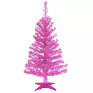 A 3-foot tall pink tinsel Christmas tree with a slim profile, featuring vibrant, shimmering branches and a matching pink stand.