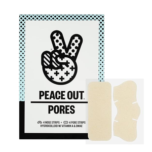 Peace Out Pores contains 4 nose strips and 4 pore strips with hydrocolloid, vitamin A, and DMAE for pore care.