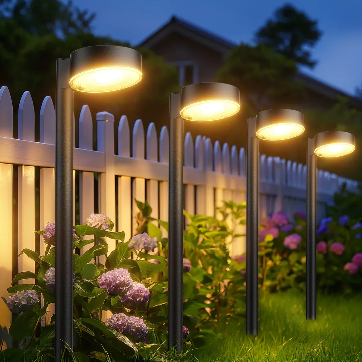 Outdoor landscape lights illuminate a garden, positioned along a white picket fence with blooming hydrangeas.