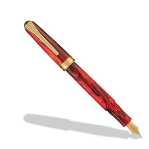 A red fountain pen with swirling black patterns, featuring gold accents on the clip, band, and nib.