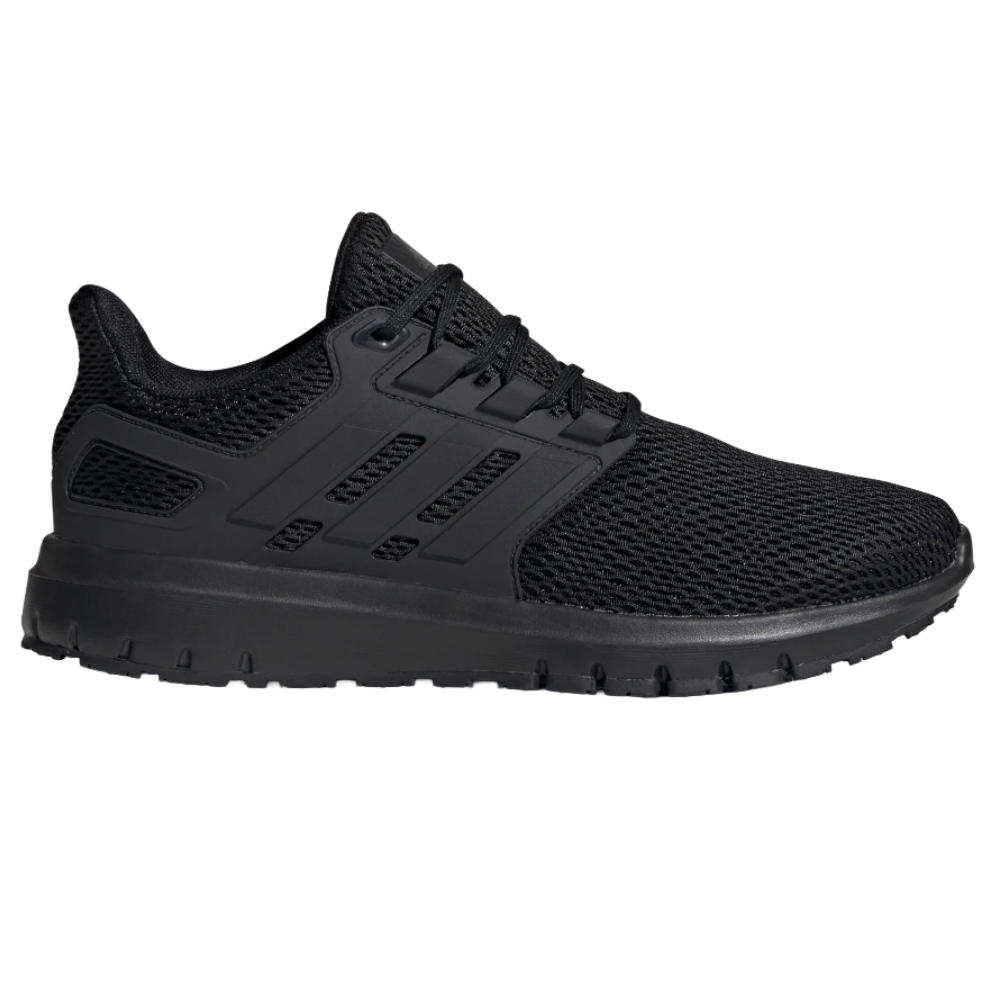 All-black athletic sneaker with a mesh upper, cushioned sole, and three stripes on the side, designed for running or casual wear.