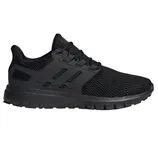 All-black athletic sneaker with a mesh upper, cushioned sole, and three stripes on the side, designed for running or casual wear.