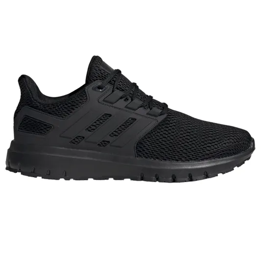 All-black athletic sneaker with a mesh upper, cushioned sole, and three stripes on the side, designed for running or casual wear.