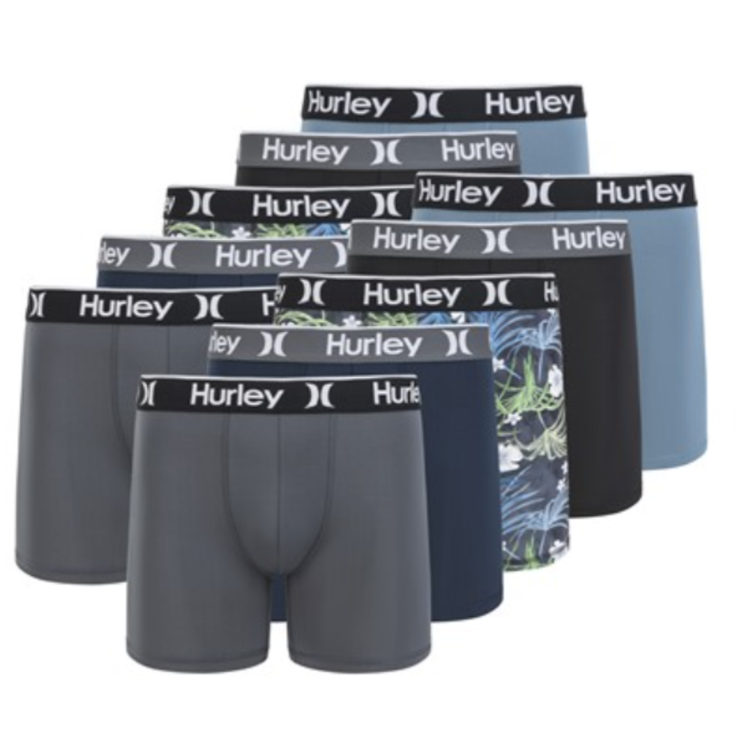Set of Hurley boxer briefs in various colors and patterns with a logo waistband, including solid grey, navy, light blue, black, and floral designs.