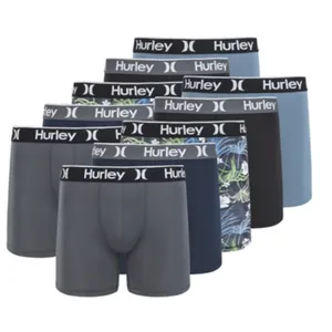 Set of Hurley boxer briefs in various colors and patterns with a logo waistband, including solid grey, navy, light blue, black, and floral designs.