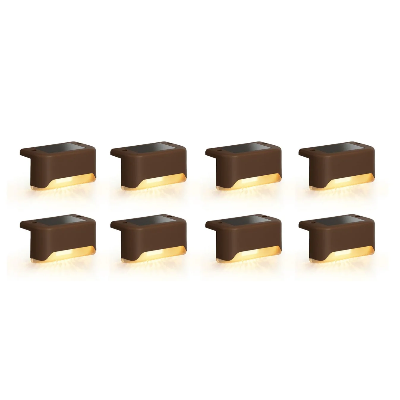 Brown solar-powered deck lights are mounted on a wooden railing, emitting a warm glow.