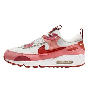 A stylish Nike Air Max sneaker features a mix of red, pink, and white tones with a visible air cushion in the sole for comfort.